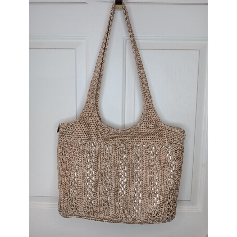 The Sak Tote Handbag Beige Crochet Carryall Metallic Lined Zip Double Handle - Picture 2 of 7